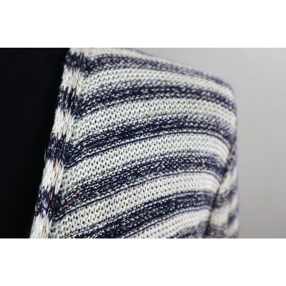 Coldwater Creek Navy Blue Striped Long Cardigan COTTON LINEN Open Front Large - Picture 2 of 7